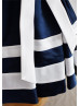 Navy Blue Ivory Satin Stripes U Back Flower Girl Dress